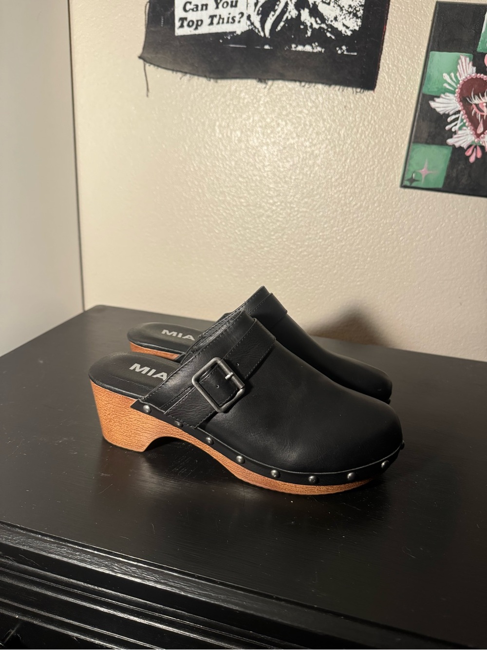 MIA Black Leather Buckle Clog Mules with Wooden Heel